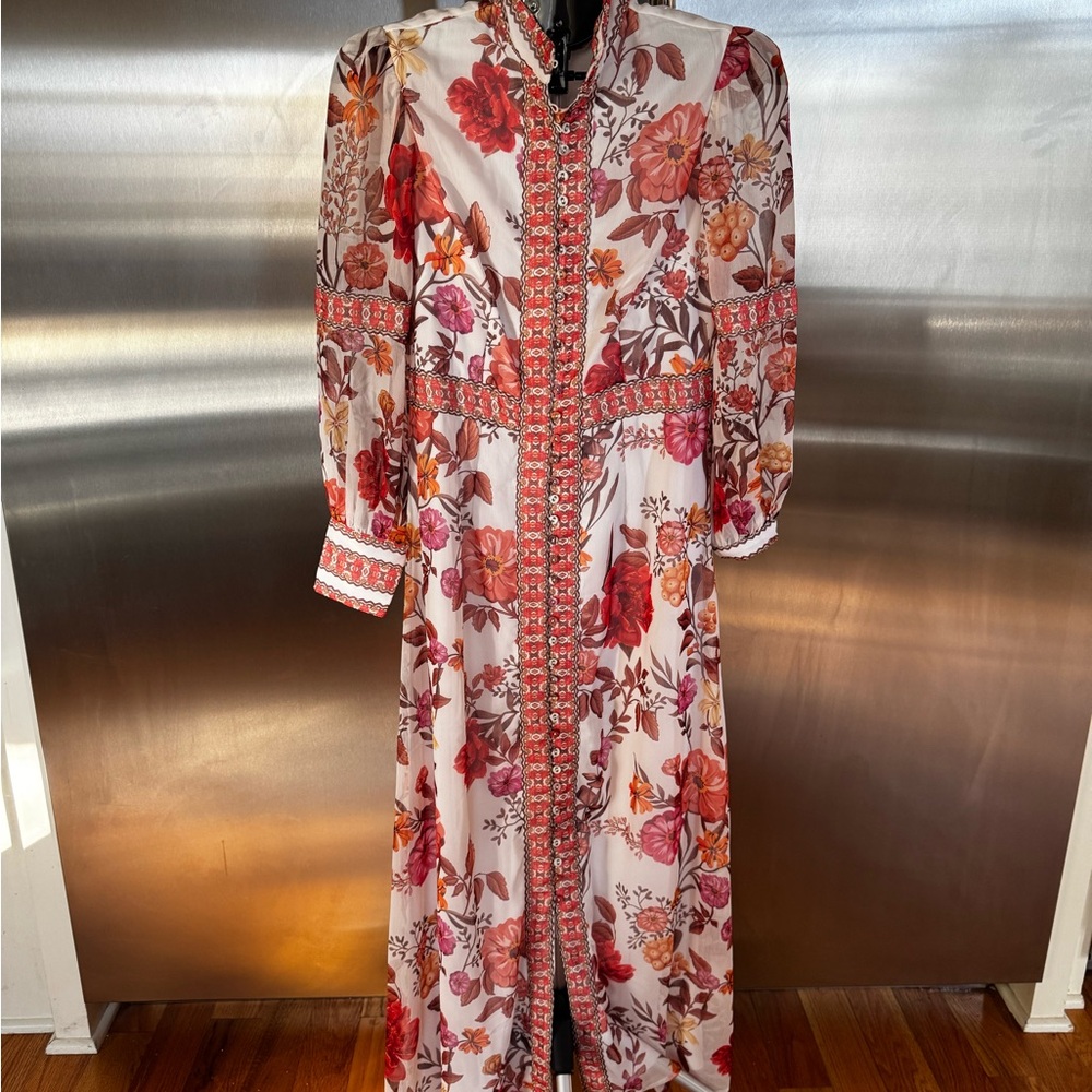Floral Maxi Dress with Orange and Pink Accents